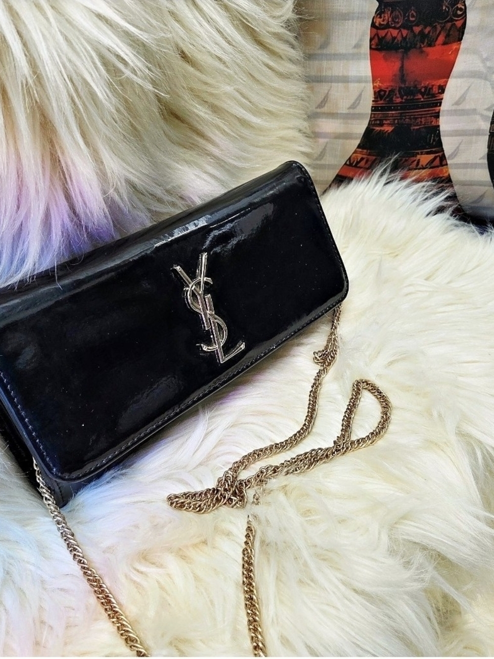 Saint Laurent Black Patent Monogram Chain Wallet
